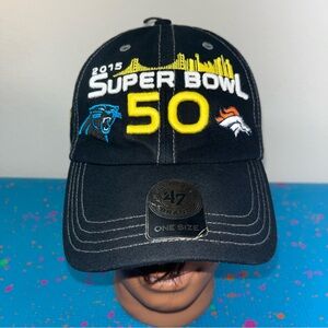 Rare Super Bowl 50 2015 NFL panthers vs broncos 47brand hat. Black strapback